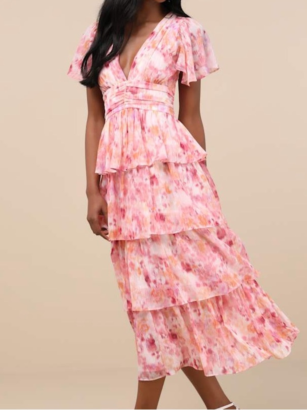Lulu's Nalia Pink Abstract Print Tiered Tie-Back Midi Dress XL